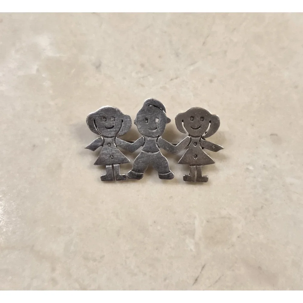 Vintage Mexican Sterling Silver 3 Children Brooch‎ 2 Girls 1 Boy